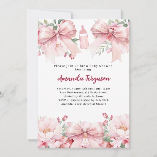 ピンクの弓花模様女の子ボトルベビーシャワー 招待状 (正面)