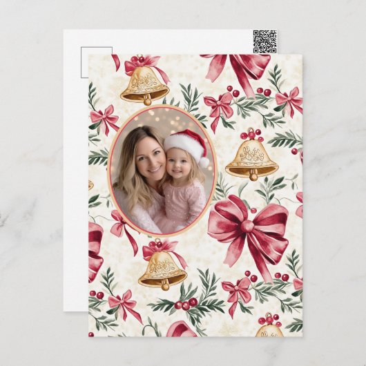 ピンクの弓金ゴールドベルの写真はがき シーズンポストカード (正面/裏面)