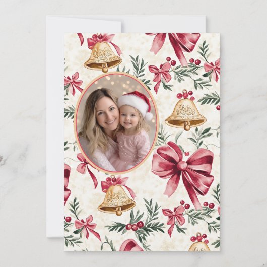 ピンクの弓金ゴールドベル写真クリスマスカード シーズンカード (正面)