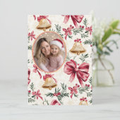ピンクの弓金ゴールドベル写真クリスマスカード シーズンカード (スタンド正面)