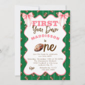 ピンクの弓 ファーストイヤーダウン フットボール 1歳の誕生日 招待状 (正面)