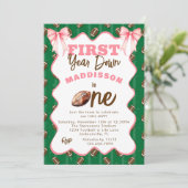 ピンクの弓 ファーストイヤーダウン フットボール 1歳の誕生日 招待状 (スタンド正面)