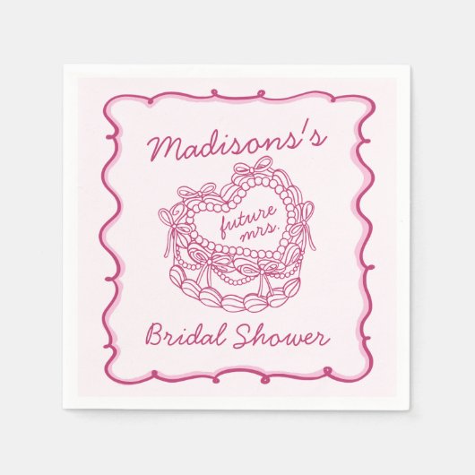 ピンクの弓 レトロ ハート コケッタ ケーキ ブライダル シャワー スタンダードカクテルナプキン (正面)