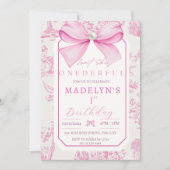 ピンクの弓 彼女はなんて素敵なの? 1歳の誕生日 招待状 (正面)