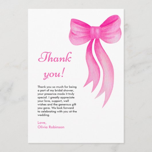 ピンクの弓 彼女は結婚する ブライダルシャワー サンキューカード (正面)