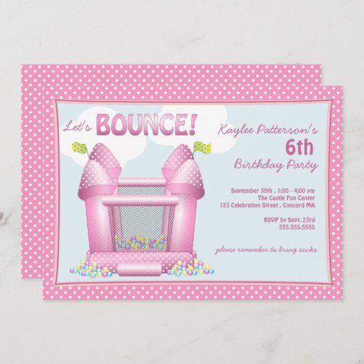 ピンクの弾力がある跳ね上がりの家の誕生日のパーティの招待状 招待状 (正面/裏面)
