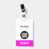 ピンクの従業員名ビジネスロゴスタッフラベル バッジ (正面 （クリップ付）)