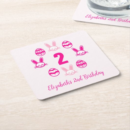 ピンクの復活祭2回目の誕生日 スクエアペーパーコースター (アングル)