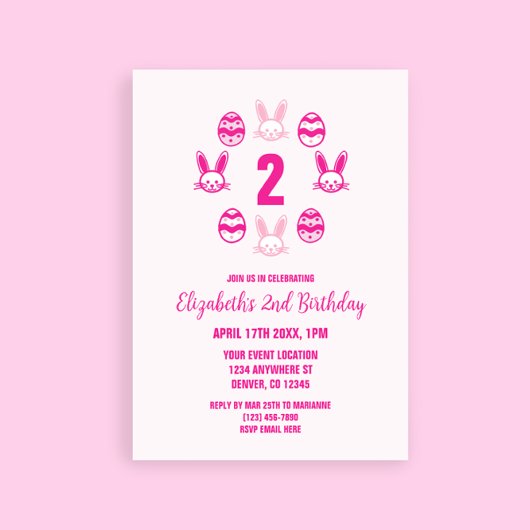 ピンクの復活祭2回目の誕生日 招待状