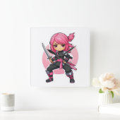 ピンクの忍者ガール スクエア壁時計 (ホーム)