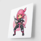 ピンクの忍者ガール スクエア壁時計 (傾斜)