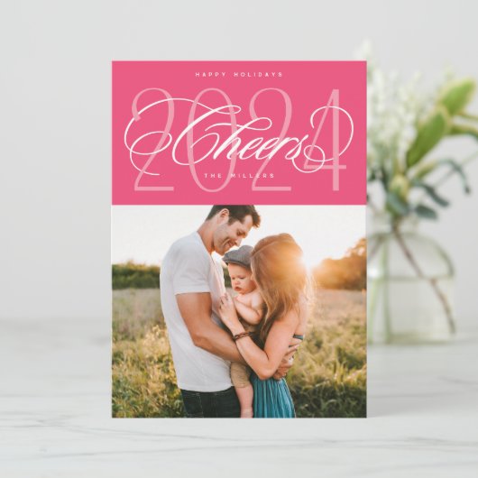 ピンクの応援から2024クリスマスホリデーフォトカード シーズンカード (スタンド正面)