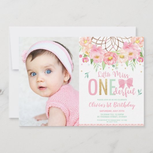 ピンクの恋しく思フローラOnederful 1st誕生日の写真 招待状 (正面)