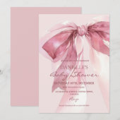 ピンクの恋するリボン 赤ちゃん女の子のシャワー 招待状 (正面/裏面)