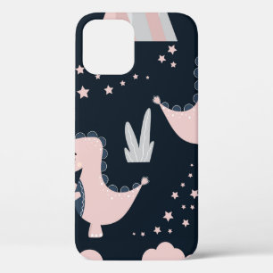 ピンクの恐竜が暗い日の上に置かれた、かわいいシームレスな模様 iPhone 12ケース