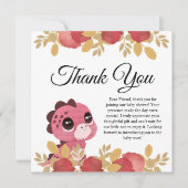 ピンクの恐竜とバラの赤ちゃんシャワーサンキューカード サンキューカード (正面)