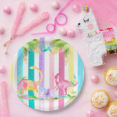 ピンクの恐竜とパステルのストライプ ペーパープレート (パーティー)