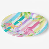 ピンクの恐竜とパステルのストライプ ペーパープレート (アングル)