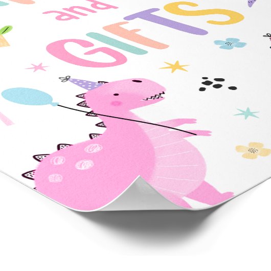 ピンクの恐竜のカードとギフト誕生日パーティー ポスター (角)