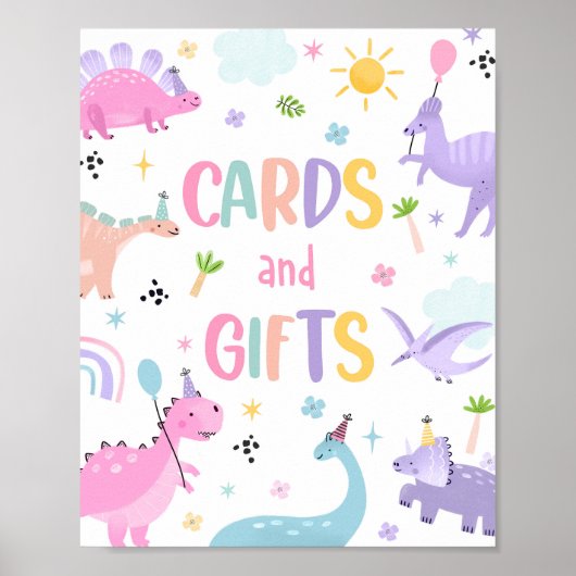 ピンクの恐竜のカードとギフト誕生日パーティー ポスター (正面)