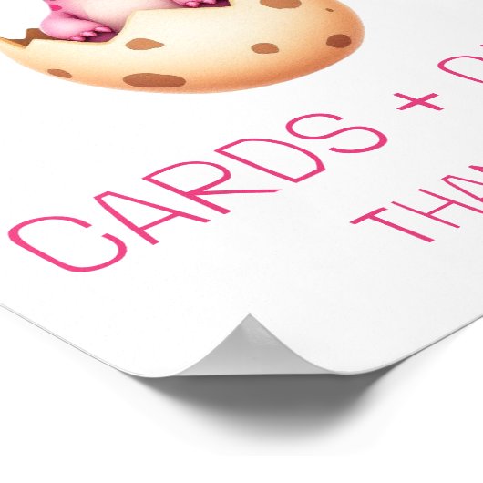 ピンクの恐竜のカードとギフト赤ちゃんシャワーのサイン ポスター (角)