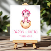 ピンクの恐竜のカードとギフト赤ちゃんシャワーのサイン ポスター