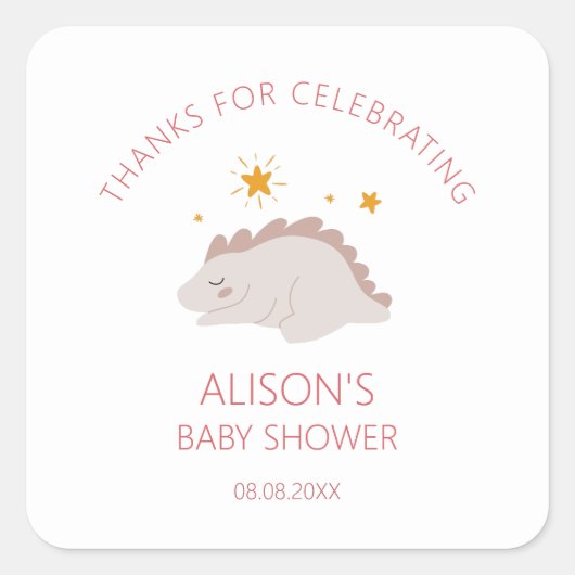 ピンクの恐竜のキラキラ星のベビーガール スクエアシール (正面)