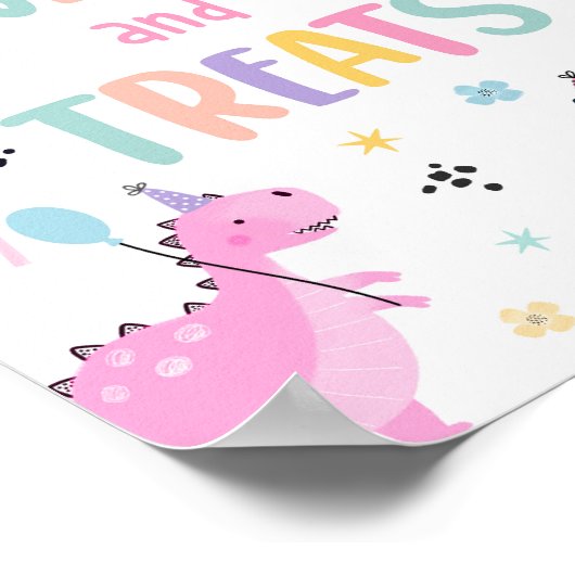 ピンクの恐竜のスイーツとお菓子の誕生日パーティー ポスター (角)