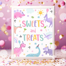 ピンクの恐竜のスイーツとお菓子の誕生日パーティー ポスター