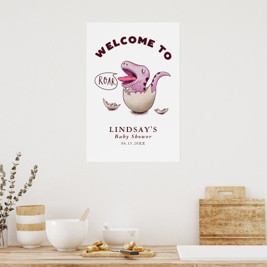 ピンクの恐竜のテーマ赤ちゃんシャワー歓迎サイン ポスター (キッチン)