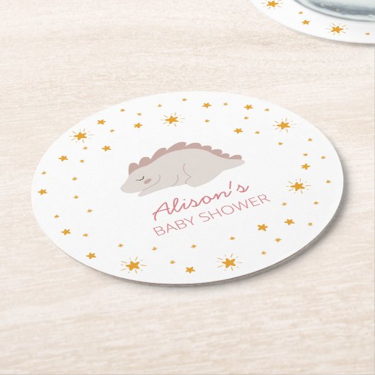 ピンクの恐竜のトゥインクルスターベビーシャワーガールパーティー ラウンドペーパーコースター (アングル)