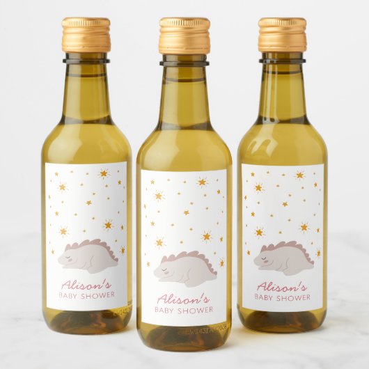 ピンクの恐竜のトゥインクルスターベビーシャワーガールミニ ワインラベル (ボトル)