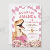 ピンクの恐竜のトリケラックス ヴィンテージ フローラル バースデー 招待状 (正面)