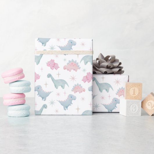 ピンクの恐竜のパターン ラッピングペーパー (ベビーシャワー)