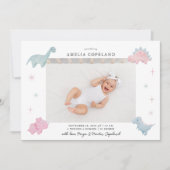 ピンクの恐竜の女の子のベビー写真の誕生のお知らせ 案内状 (正面)