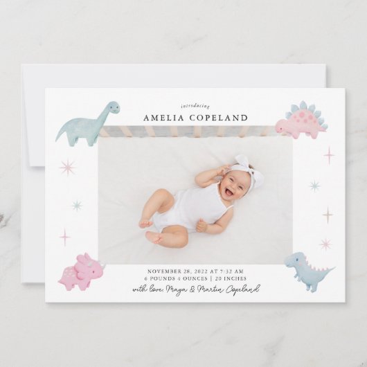 ピンクの恐竜の女の子のベビー写真の誕生のお知らせ 案内状 (正面)