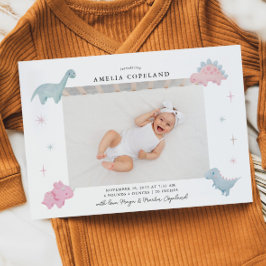 ピンクの恐竜の女の子のベビー写真の誕生のお知らせ 案内状