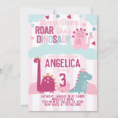 ピンクの恐竜の女の子の誕生日パーティーのテーマ 招待状 (正面)