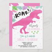 ピンクの恐竜の女の子の誕生日パーティーの招待 招待状 (正面/裏面)