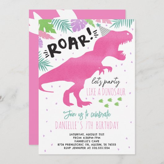 ピンクの恐竜の女の子の誕生日パーティーの招待 招待状 (正面/裏面)