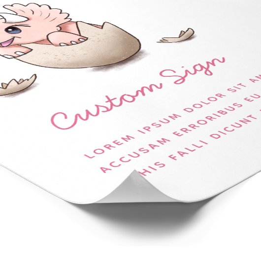 ピンクの恐竜の女の子の赤ちゃんシャワーのサイン ポスター (角)