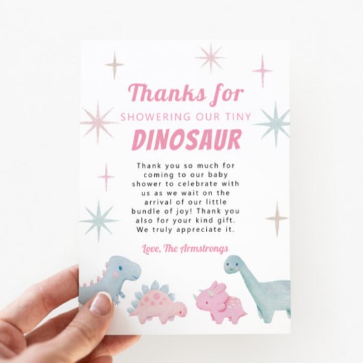 ピンクの恐竜の女の子の赤ちゃんシャワー サンキューカード