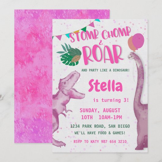 ピンクの恐竜の女の子 招待状 (正面/裏面)