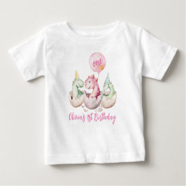 ピンクの恐竜の最初の誕生日シャツ ベビーTシャツ