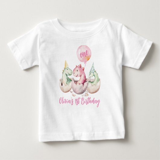 ピンクの恐竜の最初の誕生日シャツ ベビーTシャツ (正面)