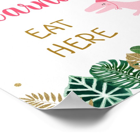 ピンクの恐竜の肉食動物誕生日食のテーブルサイン ポスター (角)