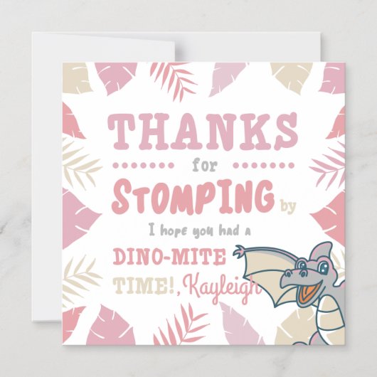 ピンクの恐竜の誕生日パーティーありがとう マグネット招待状 (正面)