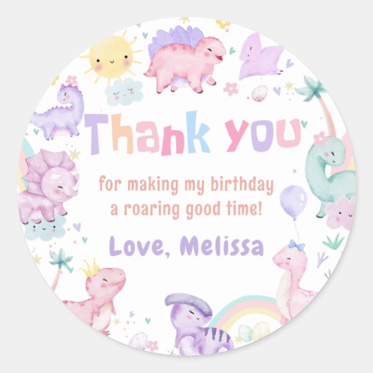 ピンクの恐竜の誕生日パーティーありがとう ラウンドシール (正面)