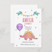 ピンクの恐竜の誕生日パーティーへの招待 招待状 (正面/裏面)