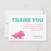 ピンクの恐竜の誕生日パーティー感謝カード サンキューカード (正面)